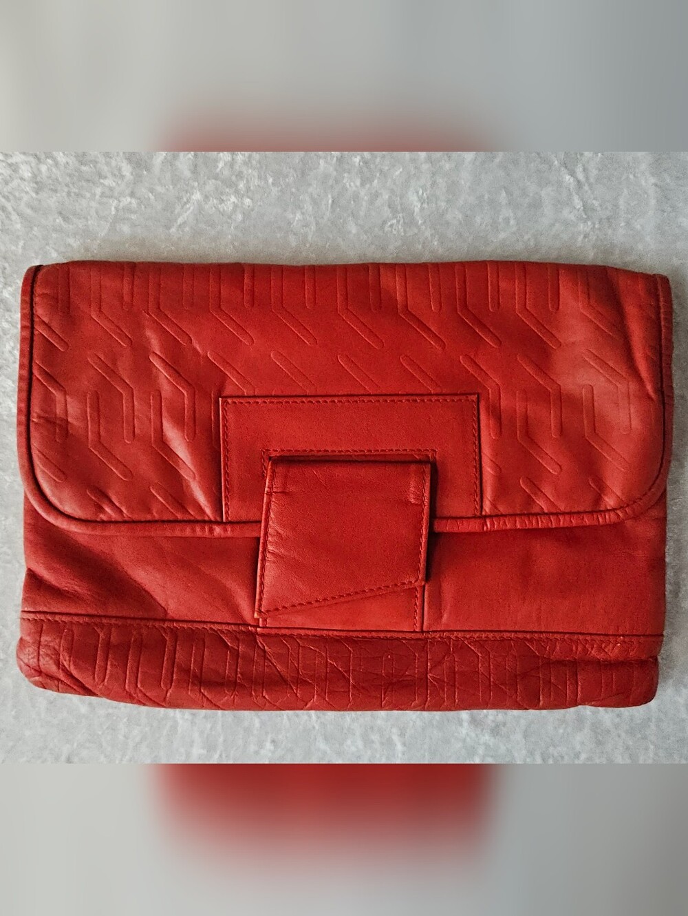 Red Geometric-Design-Embossed, Genuine Leather Envelope Clutch Bag